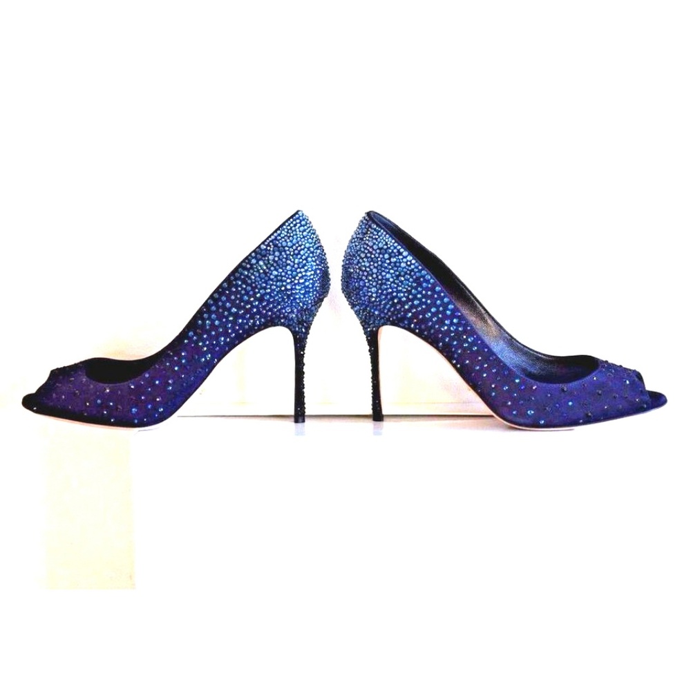 Spring Summer Sales Sergio Rossi Blue Dark Suede Crystal Peeptoe 39/8 New $1799+